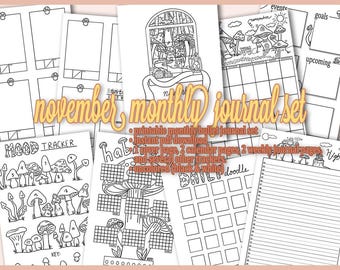 Páginas imprimibles del Bullet Journal mensual de noviembre / Temática de hongos / Planificador prediseñado / Descarga instantánea / Sin colorear / Tamaño A5