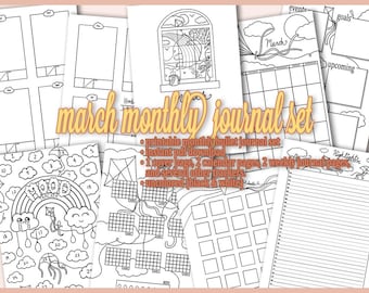 Páginas imprimibles del Bullet Journal mensual de marzo / Tema de arcoíris, cometas y nubes / Planificador prediseñado / Descarga instantánea / Sin colorear / Tamaño A5