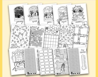 Bullet Journal imprimible con temática de ventana 2026 / 118 páginas / Dibujado a mano / Descarga instantánea / Sin colorear / A5/A4