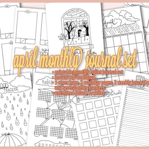 May include: Printable April monthly bullet journal set in black and white. Includes a cover page, two calendar pages, two weekly journal pages, and several other trackers. Instant PDF download.