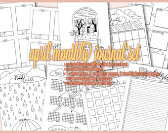 Páginas imprimibles mensuales de abril para Bullet Journal / Tema de lluvias de abril / Planificador prediseñado / Descarga instantánea / Sin colorear / Tamaño A5