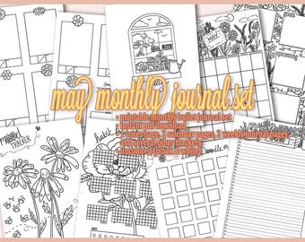 Páginas imprimibles mensuales de Bullet Journal de mayo / Tema de flores de primavera / Planificador prediseñado / Descarga instantánea / Sin colorear / Tamaño A5