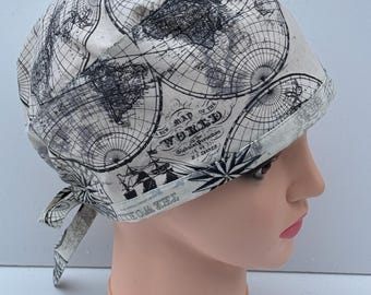 World Map Scrub Cap, Vintage Cartography Tie-Back Surgical Hat, 100% Cotton Healthcare Worker Headwear