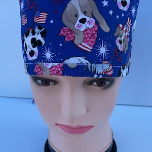 Patriotic Dogs Pixie Scrub Cap - 4th of July Fabric Tie Back OR Hat