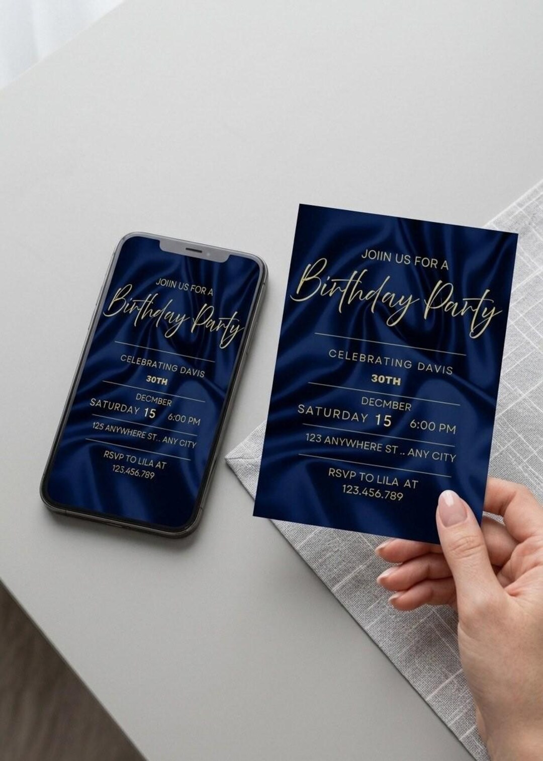 Milestone Birthday Invitation for Adults, Elegant Gold & Navy Canva ...