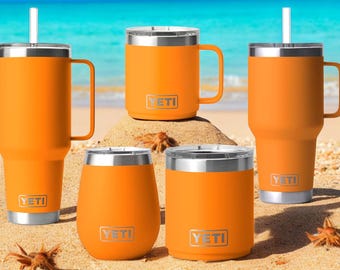Personalized Laser Engraved YETI 42oz & 35oz Straw Mug, 10oz Rambler Mug, 3 Pack Matching Magsliders - King Crab Orange