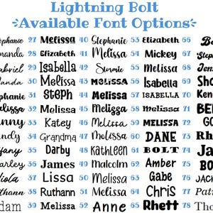 May include: A list of 91 font options for personalized designs, with names in various styles. The text "Lightning Bolt" and "Available Font Options" are in blue script. Names include Melissa, Stephanie, and Isabella.