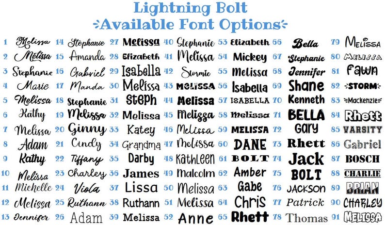 May include: A list of 91 font options for personalized designs, with names in various styles. The text "Lightning Bolt" and "Available Font Options" are in blue script. Names include Melissa, Stephanie, and Isabella.