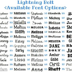 May include: Image displaying a list of 91 font options for personalized designs. The fonts are presented in a grid, each with a name or word, such as "Melissa" or "Jack". The text "Lightning Bolt" and "Available Font Options" are at the top.