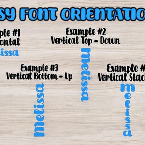 May include: Four examples of how to orient text on Etsy listings. The word "Melissa" is shown in blue text in four different orientations: horizontal, vertical top to bottom, vertical bottom to top, and vertical stacked.