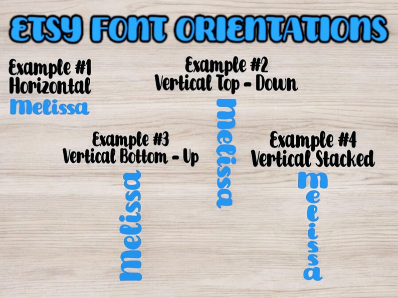 May include: Four examples of how to orient text on Etsy listings. The word "Melissa" is shown in blue text in four different orientations: horizontal, vertical top to bottom, vertical bottom to top, and vertical stacked.