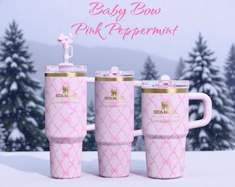Stanley x LSF Holiday Baby Bow Pink Peppermint - Personalized Laser Engraved 40oz Quencher H2.0 Flowstate Tumbler or 30oz, 20oz ProTour