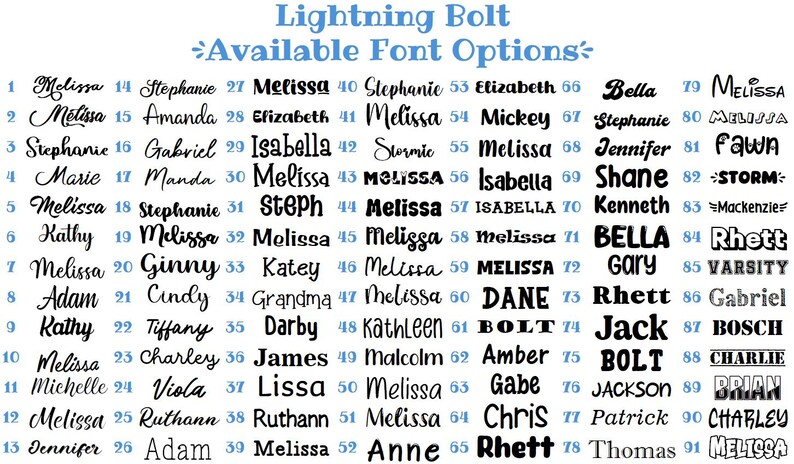 K&ouml;nnte beinhalten: Eine Liste von 91 Schriftoptionen zur Personalisierung, mit Namen wie Melissa, Stephanie und Adam. Der Text ist in verschiedenen Stilen, von kursiv bis fett, mit den Worten "Lightning Bolt" und "Available Font Options" oben.