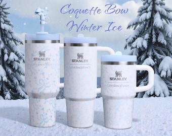 Stanley x LSF Holiday Coquette Bow Winter Ice - Personalized Laser Engraved 40oz Quencher H2.0 Flowstate Tumbler or 30oz, 20oz ProTour