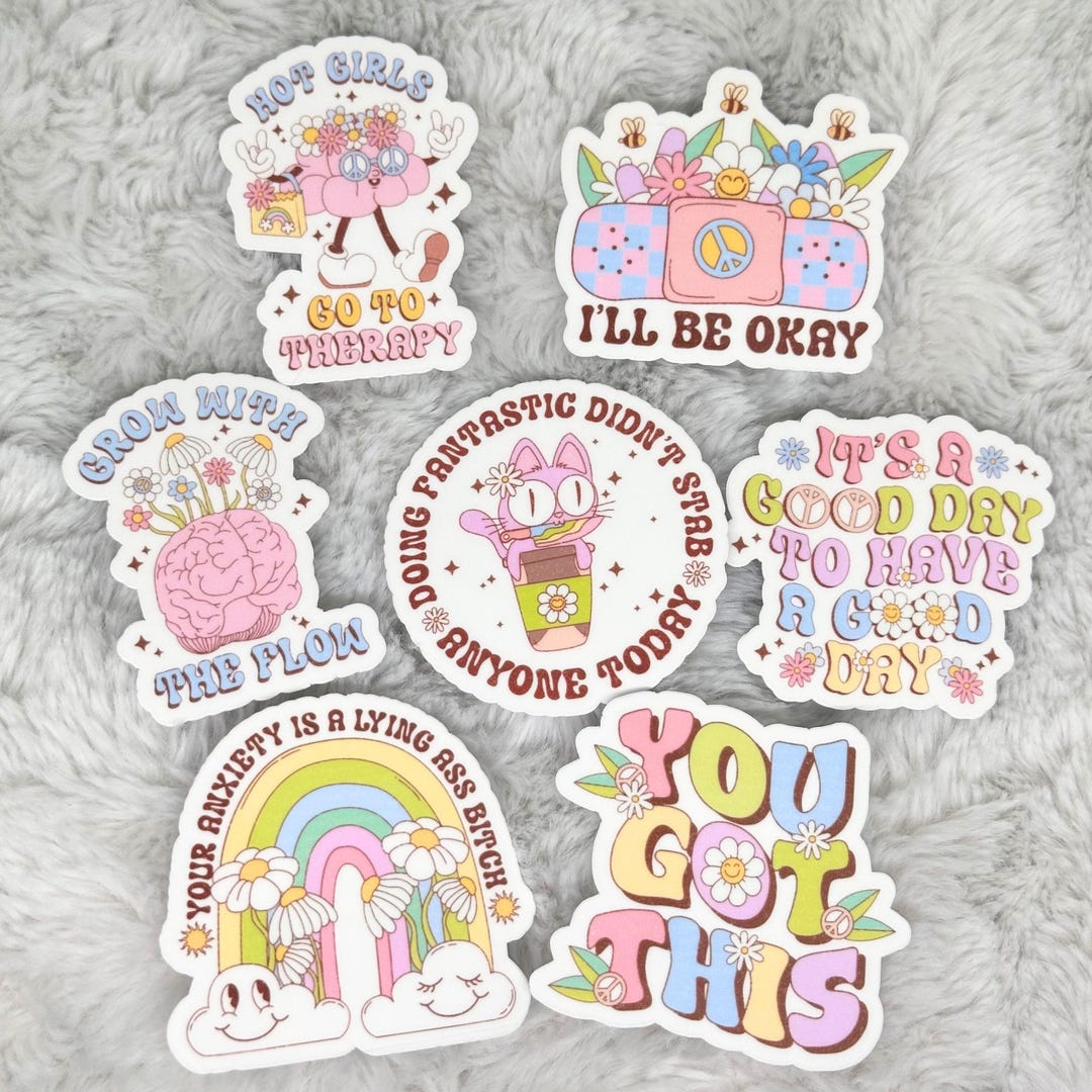 Packing Sticker Groovy 7pc Sticker Pack Retro Groovy Stickers - Anxiety Self Care (distressed ...