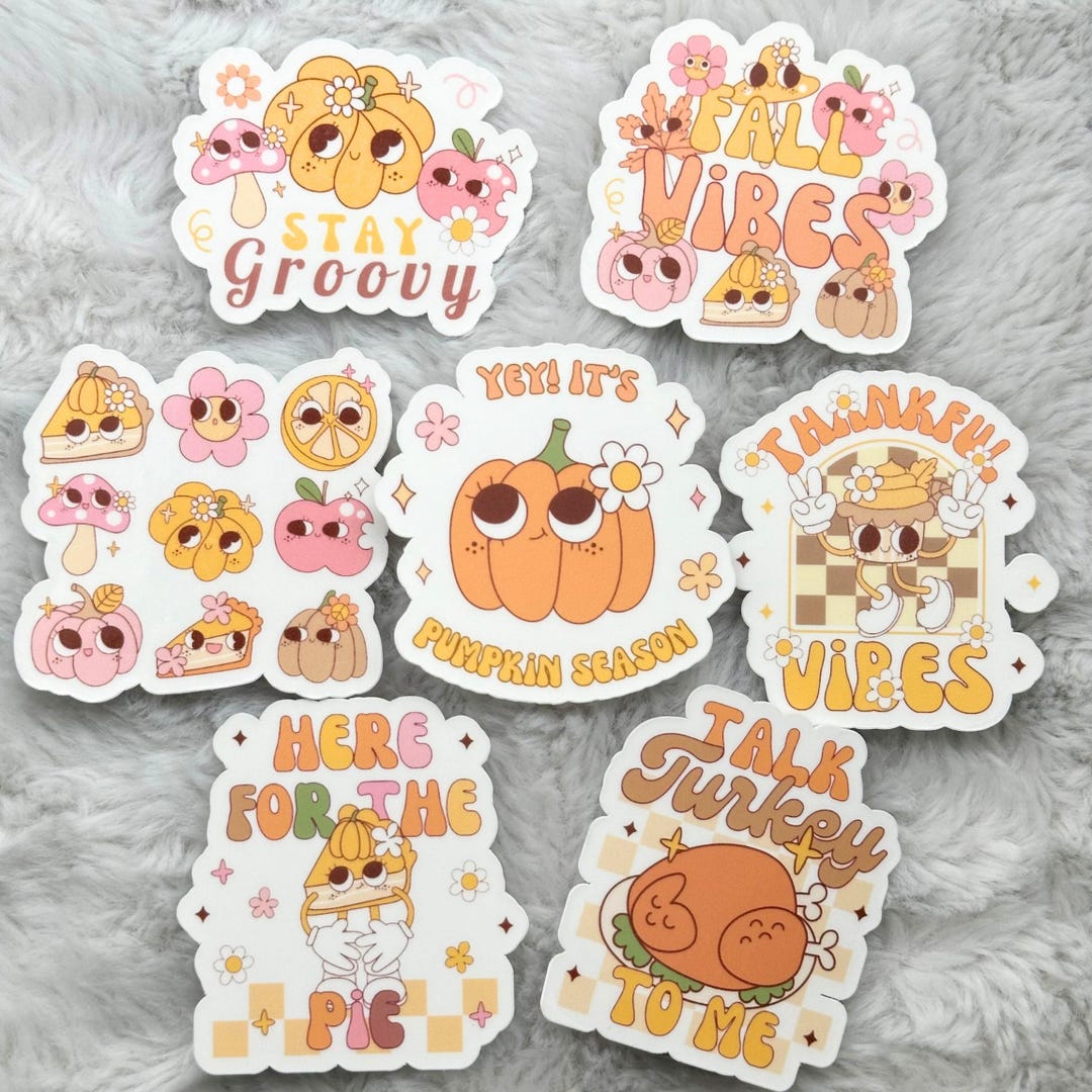 Packing Sticker Groovy 7pc Sticker Pack Retro Groovy Stickers - Autumn Fall Vibes Thanksgiving ...