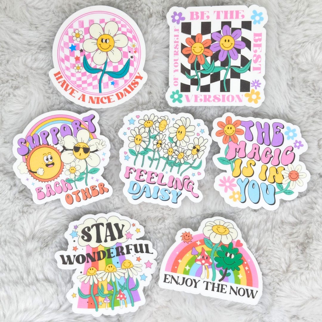 Packing Sticker Groovy 7pc Sticker Pack Retro Groovy Stickers - Daisy Positivity Love Life - Etsy