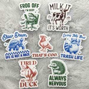 7pc Sticker Pack Retro Groovy Stickers - Funny Animal Attitude Puns