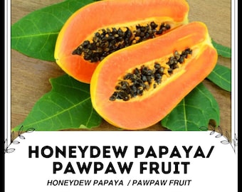 Op de afbeelding: Twee helften van een rijpe, oranje papaja-vrucht met zwarte zaden, op een houten oppervlak met groene bladeren. De tekst "HONEYDEW PAPAYA/PAWPAW FRUIT" wordt onder de vrucht weergegeven.