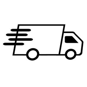 May include: A black and white illustration of a delivery truck with a speed line effect. The truck is moving quickly.