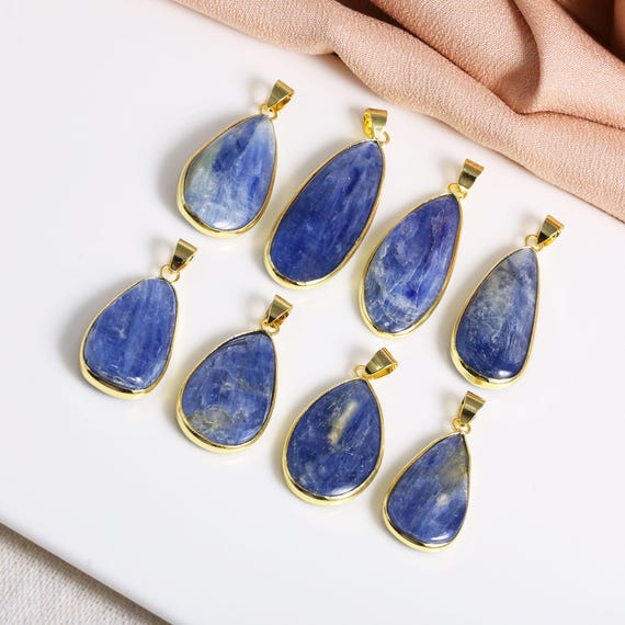 1-24# Styles Choose Luxury Natural Kyanite Stone Teardrop Pendant, 18K Gold Plating Kyanite Gemstone Mineral Ore Energy Healing Stone Charms