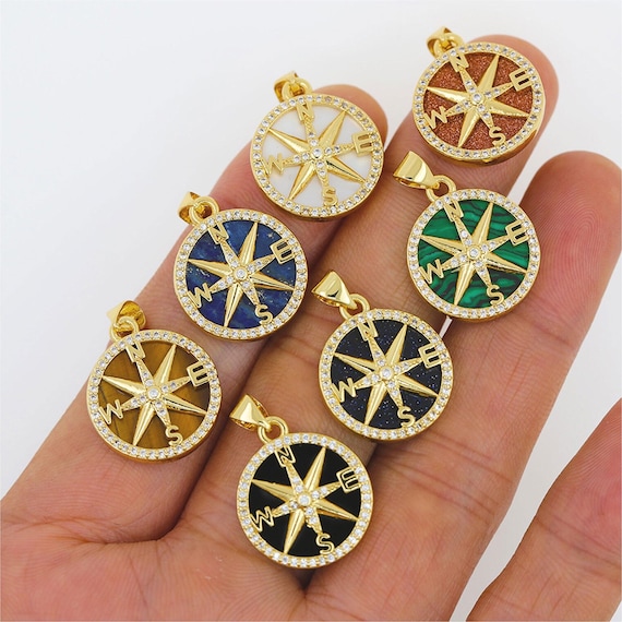 Natural Stone Compass Necklace,Compass Pendant ,Nature Lapls Lazuli Stone Tiger Eye Shell Pendant ,18K MicroPave CZ Star Charm 18x25x3mm