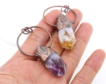 Antique Copper Soldered Natural Dog Tooth Shape Citrine Amethyst Pendants,Big Copper Hoop Amethyst Citrine Quartz Bohemia Jewelry Pendants