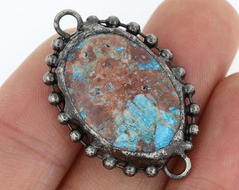 Antique Copper Solder Natural Fluorite Picture Stone Golden Sand Semi Precious Stone Double Buckle Pendant Charms,  Necklace Bracelet Making