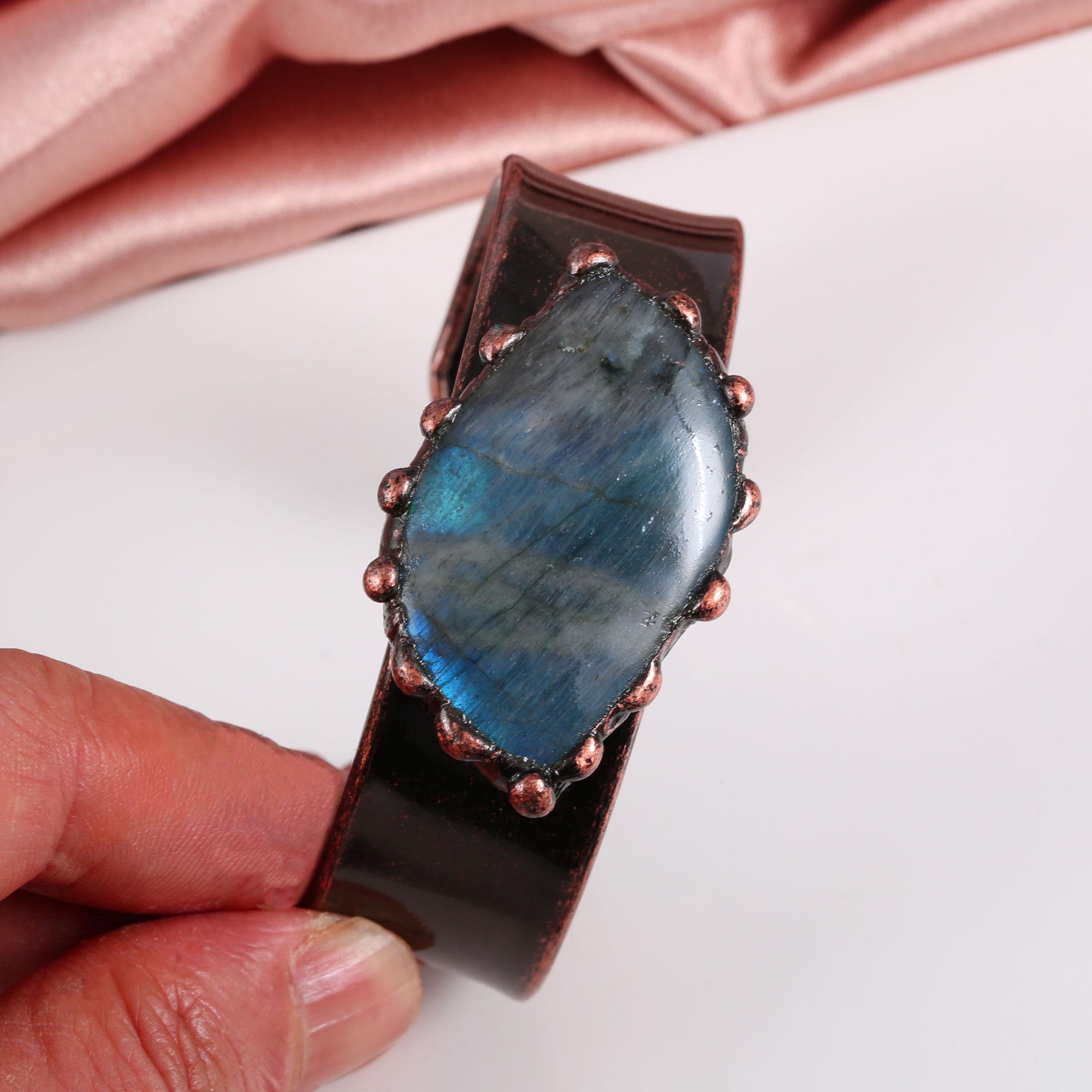 Soldered Blue Antique Copper Solder Blue Glitter Labradorite Semi Precious Stone Wide ...