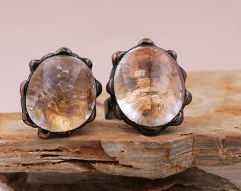 Antique Copper Solder Raw Natural Quartz Rings,Natural Quartz Rings,Retro Bohemia Ornament Open Adjustable Crystal Gemstone Rings