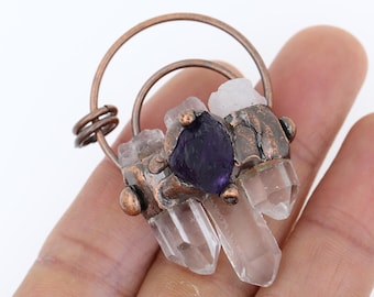 Vintage Soldered Bronze Crystal Pendant,Raw Clear Crystal Quartz Pendants,Hexagon Crystal Point Paved Amethyst Nugget Gemstone Pendant