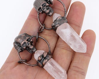 Rough Natural Quartz Crystal Soldered Antique Bronze Skull Pendants, Healing Crystals Boho Hip Hop Crafts Charm,For Jewelry Making