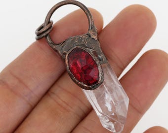White Quartz Stick Point Pendants,Welded Antique Copper Natural Crystal Column Pendant,Plated Bronze Copper Red Crystal Embellishment Charms