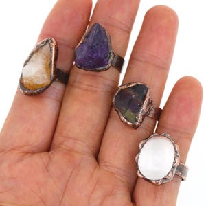 Antique Copper Solder Natural Raw Fluorite Amethyst Crystal Drusy Citrine Black Tourmaline Rings , Handmade Open Copper Gemstone Rings