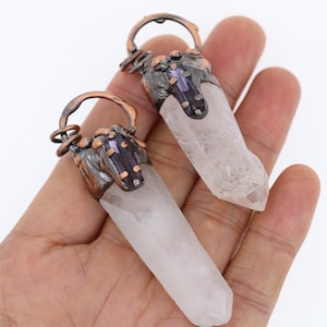 Raw Clear Crystal Quartz Terminated Point Pendant,Amethyst Paved Antique Copper Big Hoop Soldered Rock Crystal Quartz Pillar Point Pendants
