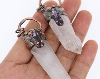Raw Clear Crystal Quartz Terminated Point Pendant,Amethyst Paved Antique Copper Big Hoop Soldered Rock Crystal Quartz Pillar Point Pendants