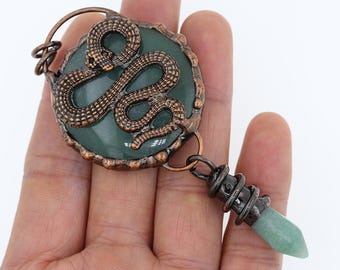Vintage Soldered Bronze Pendant,Disc Amethyst Snake Totem Guard Pendants,Healing Aventurine Gemstone Pendant,For Necklace Making