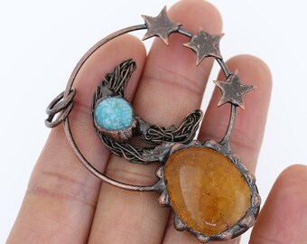 Soldered Antique Bronze Natural Any Shape Gemstone Citrine Pendant,Healing Star Moon Crescent Yoga Energy Gemstone Citrine Pendant