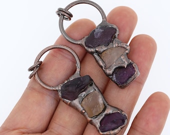 Antique Copper Solder Raw Amethyst Citrine Druzy Point Pendant Charms,Antique Copper Solder Hoop Amethyst Citrine Lumps Necklace Pendant