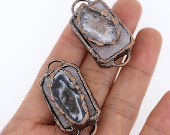Antique Copper Solder Natural Crystal Agate Druzy Double Buckle Necklace Bracelet Connector ,  Double Buckle Necklace Pendant Charms