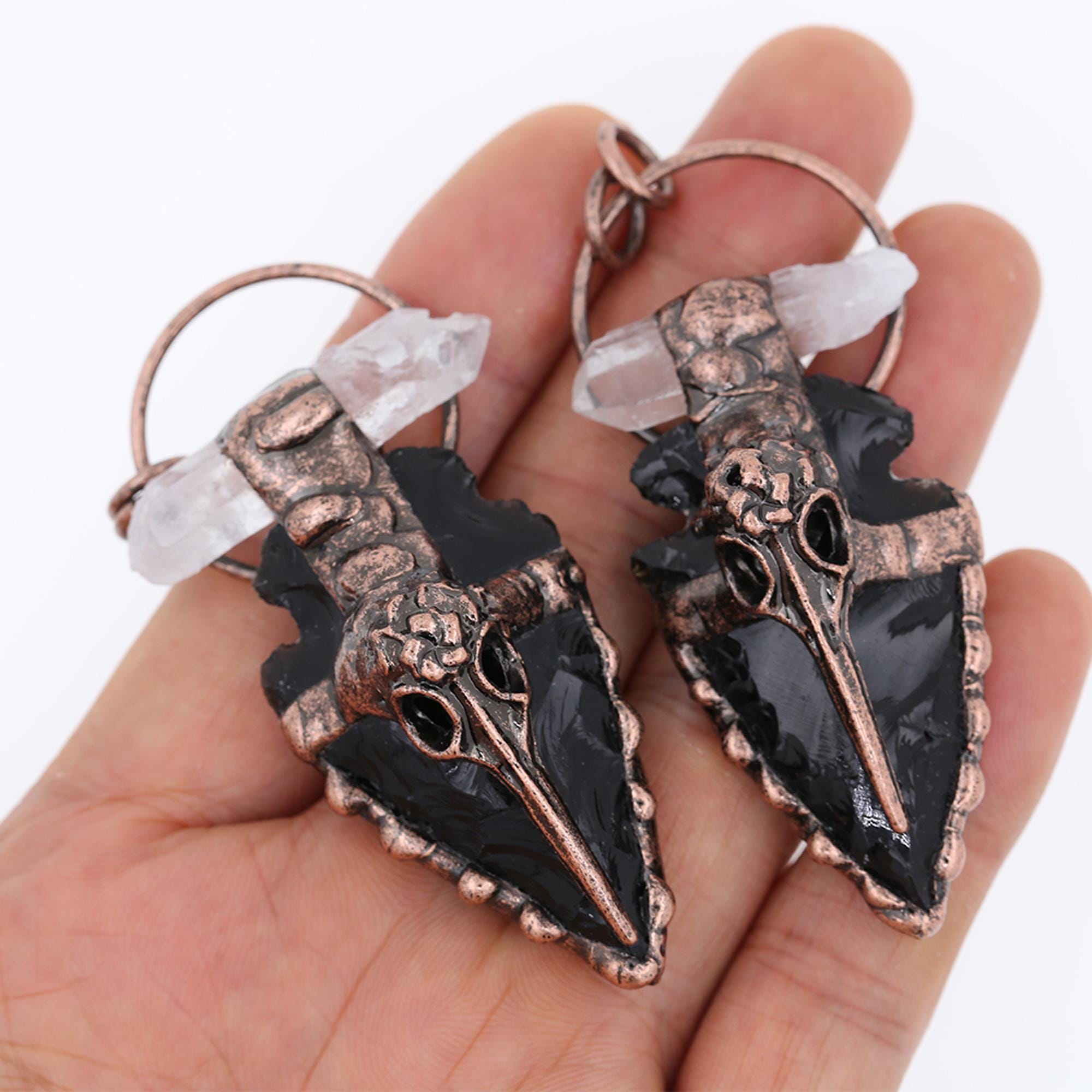 Antique Copper Solder Black Obsidian Arrowhead Copper Hoop Pendant,Crystal Pillars Embellished With Skulls Black Obsidian Arrow Pendant