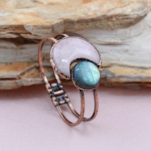 Brazalete antiguo de cobre con cuarzo rosa, labradorita, estrella y luna, chapado en oro de 18 quilates, piedra preciosa natural curativa, para hombres y mujeres.