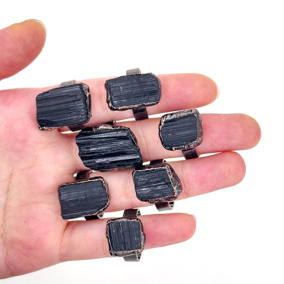 Antique Copper Solder Natural Raw Fluorite Amethyst Crystal Drusy Citrine Black Tourmaline Rings , Handmade Open Copper Gemstone Rings