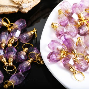 18K Gold Plated Corner Cutting Amethyst Gemstone Perfume Bottle Pendant, Amorphous Essential Oil Diffuser Vial Necklace Bottle Charm Gift