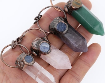 Bronze Soldered Natural Quartz Pendant,Natural Quartz Raw Stone Point Pendant Vintage Jewelry, Healing Crystals Antique Bronze Chakra Charm