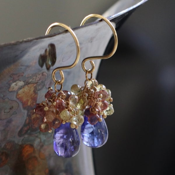 Handmade Solid 18k Gold, Tanzanite, Padparadscha and Yellow Sapphire Drop Cluster Earrings
