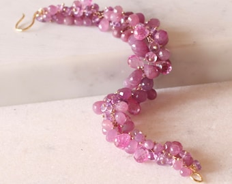 Handmade Artisan Pink Sapphire Briolette Genuine 18k Solid Gold Hand-linked Beaded Gemstone Bracelet