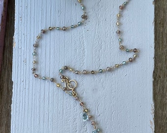 Handmade Blue Zircon Beaded Lariat Necklace, Blue Topaz and Gold Necklace, Zircon Necklace, Hand-linked gold lariat, gemstone necklace