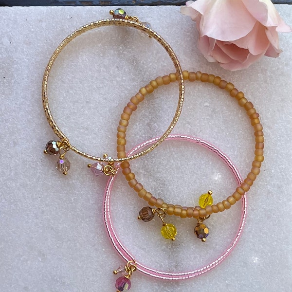 Trio of Pink, Gold and Peach Czech and Japanese Seed Bead and Crystal Memory Wire Stacking, Layering Bracelets, Bangles Cuffs