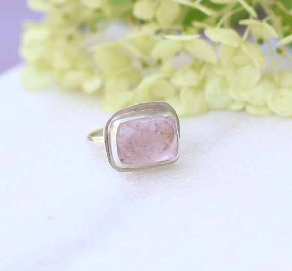 Handmade Faceted Rose Cut Pink Kunzite Gemstone and Sterling Silver Ring Size 7